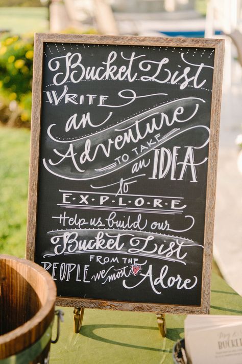 Adventure Awaits Engagement Party, Adventure Awaits Wedding Theme, Bridal Shower Bucket List, Travel Themed Wedding Decor, Let The Adventure Begin Wedding, Bucket List Wedding Sign, Bucket List For Wedding, Adventure Awaits Wedding Shower Ideas, Adventure Themed Engagement Party