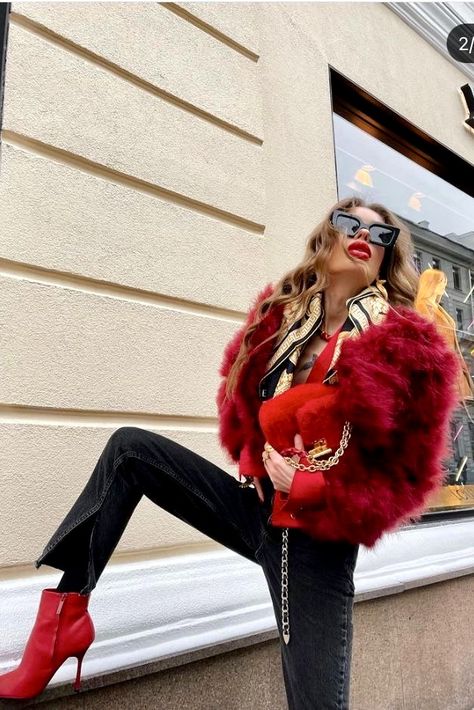 Red Fur Coat Outfit, Red Fur Coat, Fur Coat Outfit, Lace Camisole Top, Red Fur, Barbie Dress Fashion, Coat Outfit, Coat Outfits, Pink Outfits