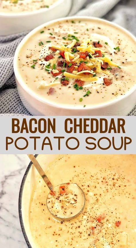 Chunky Potato Soup, Cheddar Potato Soup, Potato Cheddar Soup, Bacon Soup Recipes, Cheesy Bacon Potatoes, Potato Bacon Soup, Potato Bacon, Cheesy Potato Soup, Cheese Potato