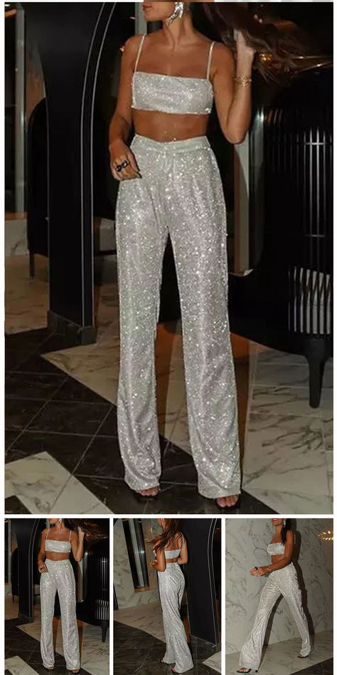 Street Solid Sequined Square Collar Sleeveless Two Pieces Iced Out Theme Party Outfit, Track Pants Outfit, Mob Wife, Mob Wives, No Code, Theme Party, Two Piece Sets, Pants Outfit, Two Pieces