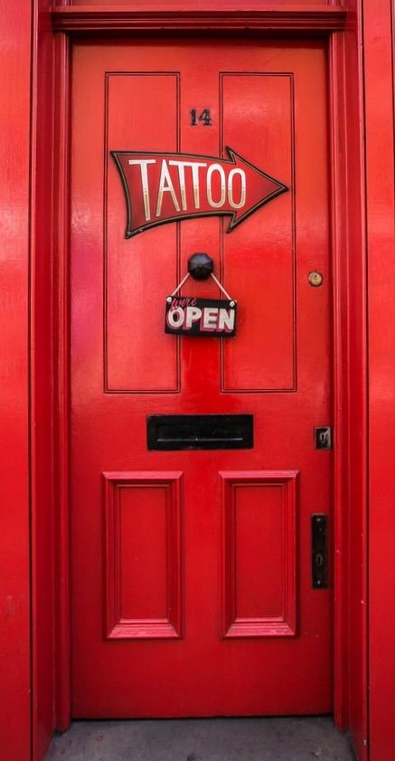 Maddox Brothers, Tattoo Shop Interior, Tattoo Shop Decor, Tattoo Studio Interior, Red Stuff, Red Doors, Red Rum, Word Tattoo, Tattoo Signs