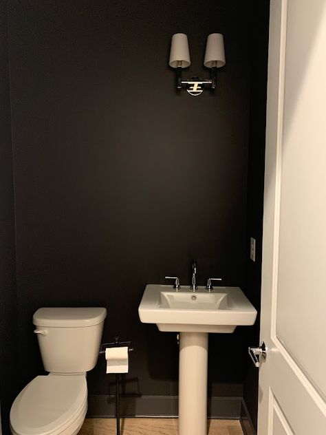 UPDATING A BORING POWDER ROOM - design indulgence Black And White Powder Room Ideas, Black Powder Room Ideas, Dark Powder Room Ideas, Fun Powder Room Ideas, Powder Room Light Fixtures, Dark Powder Room, Black And White Powder Room, Powder Room Ideas Modern, Dramatic Powder Room