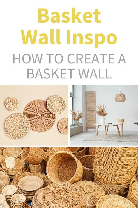 Basket walls are one of the biggest trends in home decor. If you love Bohemian style, you'll love this trend. Boho basket walls are showing up in modern farmhouse and coastal decor as well. If you love decorative baskets, then a DIY Boho basket wall is for you! Diy Wicker Wall Decor, Boho Basket Wall Art Diy, Diy Basket Wall Decor, Diy Boho Basket, Boho Basket Wall Art, Basket Walls Boho Living Room, Basket Walls Boho, Wall Basket Decor Ideas, Basket On Wall