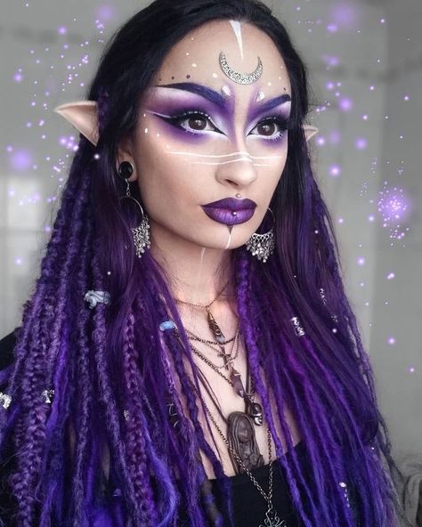 Purple Fairy Makeup, Purple Dreadlocks, Elven Makeup, Dark Fairy Makeup, Purple Jasmine, Extensions Braids, Synthetic Dreadlocks Extensions, Jasmine You, Fantasy Make-up