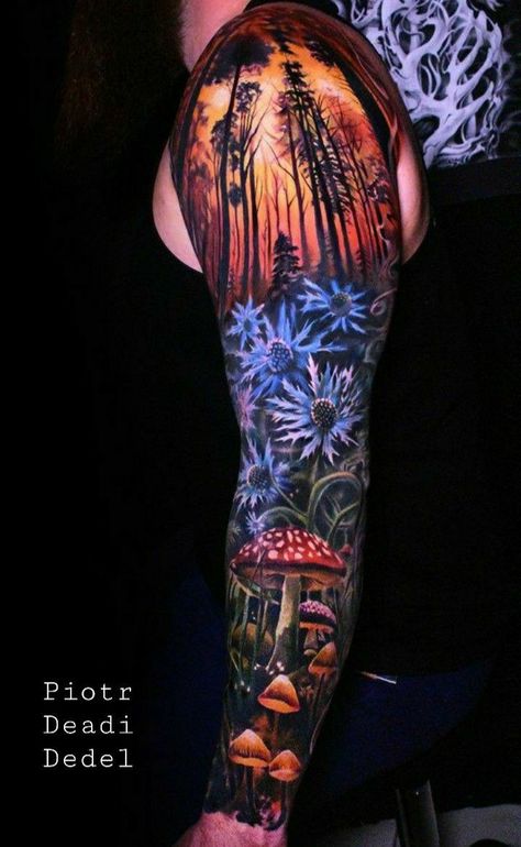 Colourful Sleeve Tattoo Men, Scenery Tattoo Sleeve Women, Colour Sleeve Tattoo, Sleeve Tattoos For Guys Color, Forest Tattoo Sleeve, Colorful Sleeve Tattoos, Scenery Tattoo, Nature Tattoo Sleeve, Crazy Tattoos