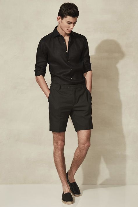 Men's summer outfit - black shirt, shorts and espadrilles. For more men's Summer outfit inspiration, check out the full gallery on MensFlair.com. Formal Shorts Outfit Men, Men Black Shorts Outfit, Mens Black Shorts Outfit, Formal Shorts Outfit, Espadrilles Outfit Men, Black Shorts Outfit Men, Men's Summer Outfits, Summer Outfits For Men, Black Shoes Outfit