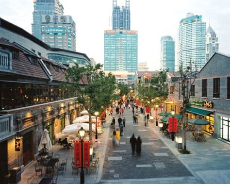 Pedestrian streets provide great walkable areas that are great for businesses and act as destinations for citizens and tourists. Xintiandi Shanghai, Neighborhood Design, Streetscape Design, Old Shanghai, Commercial Street, Pedestrian Street, Street Market, Chinese Architecture, Street Design