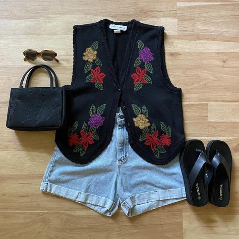 Adorable vintage black knit vest with floral pattern... - Depop Black Sweater Vest Outfit Summer, 90s Vest Outfits For Women, Knitted Vest Outfits For Women, Knit Vest Outfits For Women, Ootd Moodboard, Kid Core Outfits, Black Knitted Vest, Knit Vest Outfit, 90s Vest