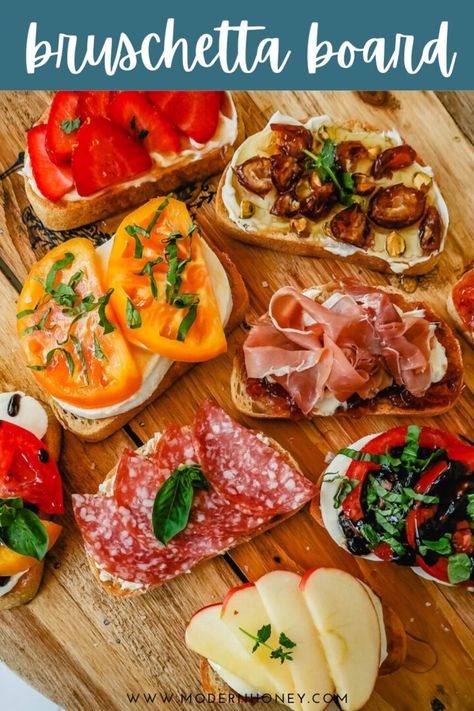 Bruschetta With Capers, Cold Bruschetta Appetizers, Different Types Of Bruschetta, Bruchetta Ideas, Types Of Bruschetta, Bruschetta Appetizer Party Ideas, Easy Bruschetta Appetizers, Bruchetta Board Recipe, Pancetta Appetizers