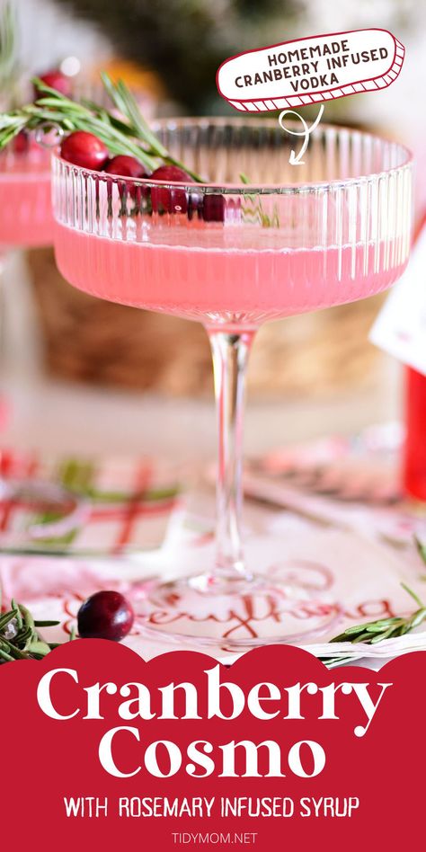 pretty pink cranberry cosmo cocktail in a coupe glass Rosemary Simple Syrup Recipe Cocktails, Winter Cosmo, Cranberry Cosmo, Easy Winter Cocktails, Peppermint Cocktail, Cosmo Recipe, Holiday Entertaining Food, Traditional Thanksgiving Recipes, Rosemary Syrup