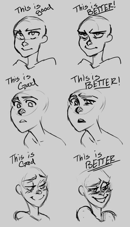 Facial expression good vs better this is exaggeration to convey the point emotion etc Drawing Face Expressions, 얼굴 드로잉, Drawing Eyes, Drawing Hands, 얼굴 그리기, Drawing Help, Drawing Hair, Drawing Face, Drawing Faces