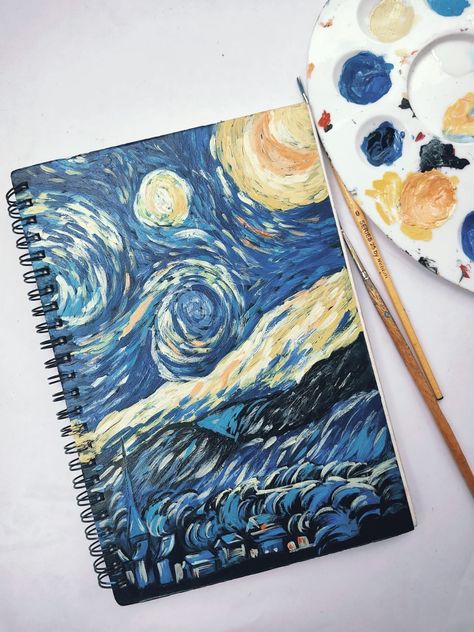 Acrylic painting on book cover Sketchbook Front Page Ideas, Painting Projects High School, Cute Sketchbooks, Easy People Drawings, Custom Sketchbook, Creative Book Covers, School Book Covers, Front Cover Designs, Gcse Art Sketchbook