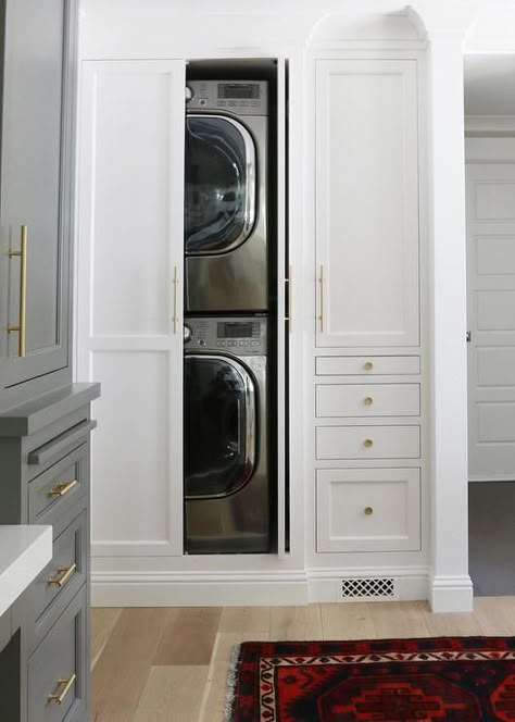 Concealed Stacked Washer and Dryer, Transitional, Laundry Room, Benjamin Moore Chelsea Gray White Laundry Room, Transitional Laundry Room, Hidden Laundry, White Laundry, Laundry Ideas, Mudroom Laundry, Laundry Mudroom, Impossible Dream, Laundry Room Remodel