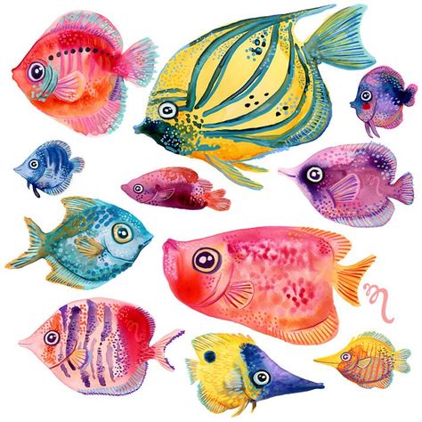 Watercolour Fish Paintings, Watercolour Fish, Heart Fish, Whimsical Fish, Fish Watercolor, Wild Jungle, Edit Design, Lost Ocean, Watercolor Birds