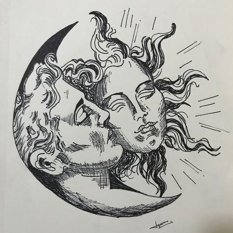 Moon and sun love Easy Gothic Sketches, Symbolic Sketches, Ink Pen Sketch, Artsy Drawings Aesthetic, Cool Pen Drawings, Ink Pen Tattoo, Vintage Drawing Ideas, Gothic Sketches, Pen Sketches Aesthetic