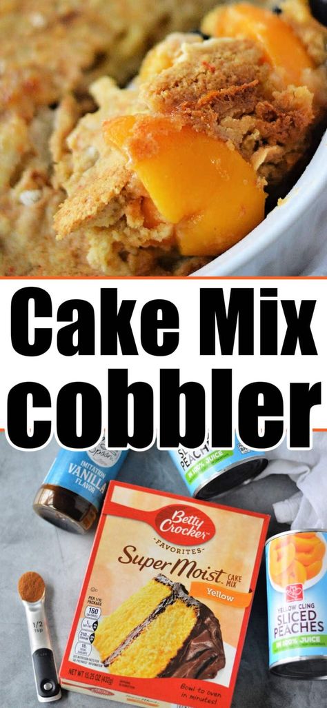 Easy peach cobbler with cake mix recipe is a great dump cake with boxed yellow cake mix and canned peaches or favorite fruit you love. Recipes With Canned Fruit, Yellow Cake Mix Desserts, Peach Cobbler Recipe With Cake Mix, Cobbler With Canned Peaches, Peach Cobbler With Canned Peaches, Can Peaches Recipes, Cake Mix Peach Cobbler, Canned Peach Cobbler Recipe, Peach Cobbler Cake