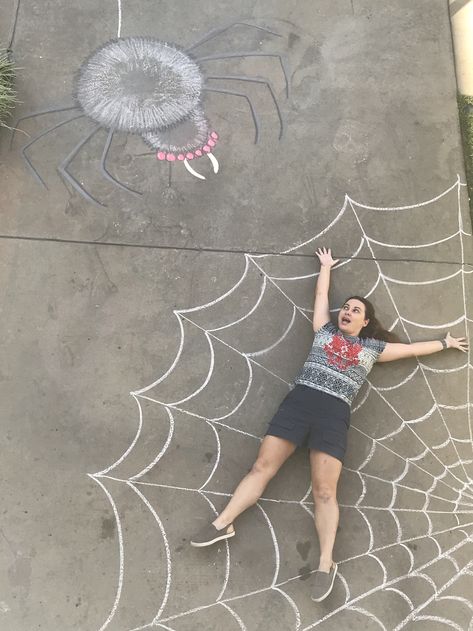 #sidewalkchalkadventures Giant spider Halloween chalk art Spider web Halloween Chalk Art, Sidewalk Chalk Photos, Driveway Chalk, Chalk Photography, Chalk Pictures, Chalk Photos, Fun Chalk Art, Halloween Spider Decorations, Chalk Design