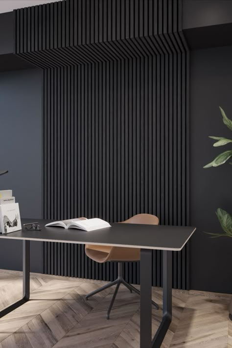 Black Wooden Wall Panels, Black Slat Wall, Wood Paneled Ceiling, Acoustic Panelling, Oak Panelling, Superior Walls, Cafe Designs, Decorate Wall, Wood Wall Panel