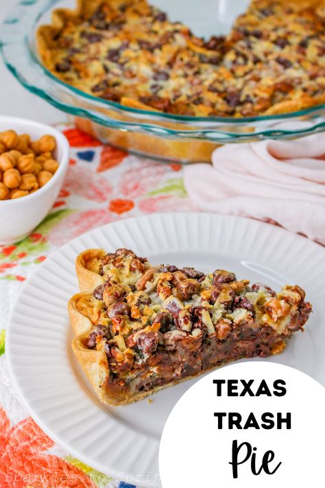 Texas Trash pie is loaded with chocolate chips, caramel bits, pecans, pretzels, and shredded coconut, that is all mixed together with a can of sweetened condensed milk. While this pie may seem like it has a lot going on, it is sure to be a huge hit with your friends and family. Chocolate Chip Coconut Pecan Pie, Chocolate Chip Coconut Pie, Sweetened Condensed Milk Pie Recipes, Trash Can Pie, Texas Trash Pie Recipe Southern Living, Condensed Milk Pecan Pie, Trash Pie Recipe, Texas Trash Pie Recipe, Milk Pie Recipe