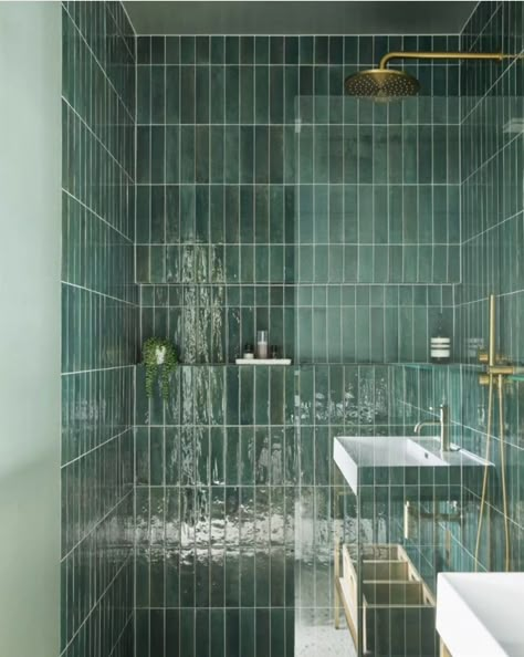 19 Shades of Green: On-trend Green Bathroom Ideas To Fall In Love With 17 Mobile Home Bathroom Remodel Master Bath, 1930s Bathroom Remodel, Green Shower Tile, 1930s Bathroom, Master Vanity, Dark Green Bathrooms, Green Tile Bathroom, Mandarin Stone, Green Tiles