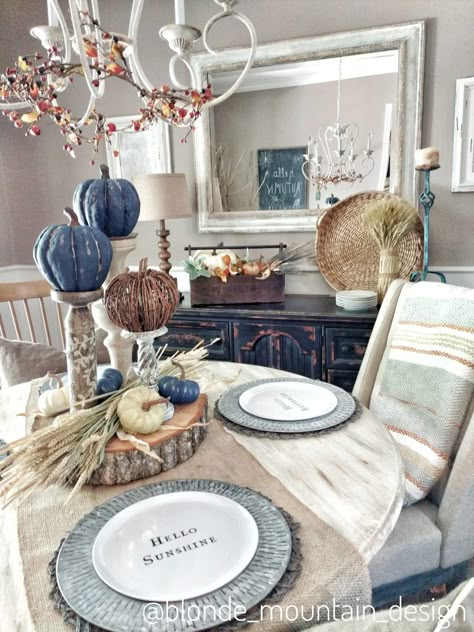 Blue Pumpkin Decor Living Room, Navy Dining Room Christmas Decor, Navy Thanksgiving Decor, Blue And White Fall Decor Living Room, Blue Green White Fall Decor, Navy Blue Pumpkins, Fall Decor In Blue, Fall Decor Navy Blue, Blue Fall Bedroom Decor