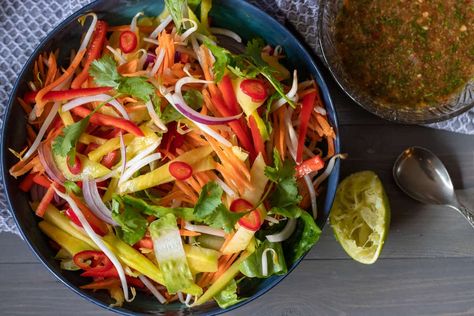 Spicy Thai Mango Salad - Cooking Gorgeous Mango Crisp, Thai Mango Salad, Onion Sprouts, Recipes With Fish Sauce, Thai Mango, Frozen Dumplings, Green Mango, Chinese Dumplings, Asian Sauce