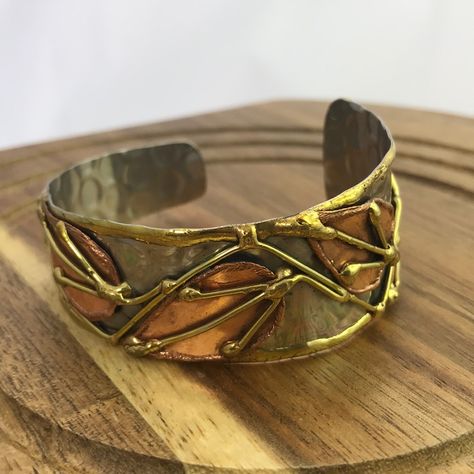 Mixed Metal Leaf Cuff Bracelet Artisan 1.25" Adjustable Handmade Anju John Hardy Bracelet, Purple Beaded Bracelets, Red Beaded Bracelet, Expandable Bangle Bracelet, Womens Cuff Bracelets, Metal Cuff Bracelet, Rose Gold Bangle, Bow Bracelet, Metal Works