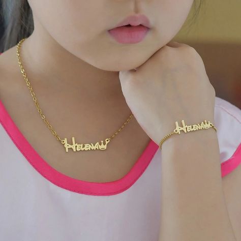 Amazing design of handmade custom Name Necklace & Bereclet with Free shipping to worldwide 💓 Kngifts.com Nameplate Bracelet, Necklace With Name, Custom Bangle, Custom Crown, Personalised Bangle, Baby Necklace, Nameplate Necklace, Baby Jewelry, Gift Newborn