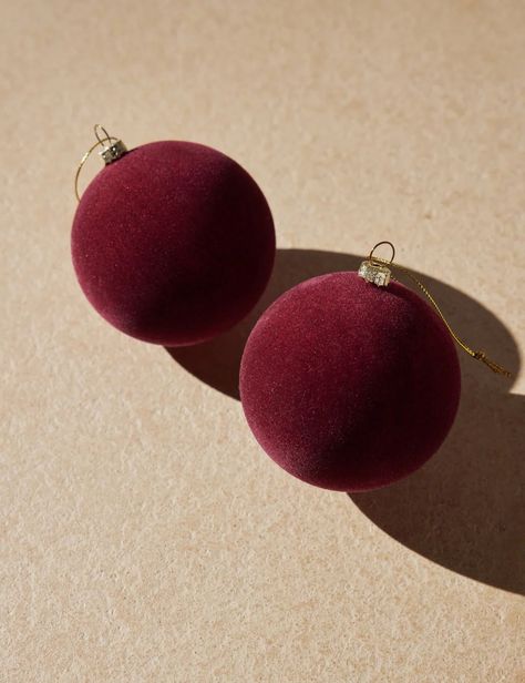 Velvet Ball Ornaments (Set of 2) | Lulu and Georgia Flocked Ornaments, Moody Christmas, Disc Interiors, Red Christmas Decor, Cody Foster, Outdoor Dinnerware, Neutral Christmas, Minimal Christmas, Bauble Ornaments