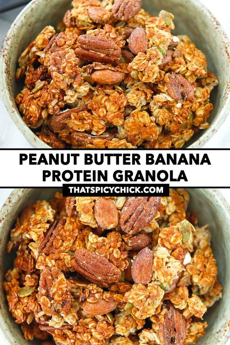 This Peanut Butter Banana Protein Granola is easy to make and tastes like you’re eating peanut butter banana bread! It’s high in protein, healthy fats and fiber and terrific for breakfast or a nutritious snack! #granola #highproteinbreakfast #breakfast #highprotein #healthy #highfiber #highproteinbreakfast #highproteinmeals #easyrecipes #mealprep #peanutbutter #banana #oatsforbreakfast | That Spicy Chick Peanut Butter Banana Protein, Soft Granola, Butter Banana Bread, Banana Granola, Peanut Butter Banana Bread, Protein Granola, Snack Prep, Banana Protein, Energy Snacks