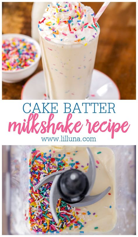 This easy soda shop style Cake Batter Milkshake is perfect for celebrations and enjoying on a hot summer day! #funfetticakebattermilkshake #cakebatter #funfetticakebattermilkshake #milkshakerecipe #funfetticake Cake Batter Milkshake, Milkshake Without Ice Cream, Cake Batter Shake, Birthday Cake Milkshake, Yummy Milkshake Recipes, Milkshake Recipe Easy, Homemade Milkshake, Ice Cream Shake, Ice Cream Drinks