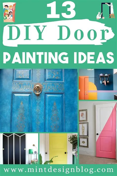 Here are 13 ideas for DIY door painting projects that will have your neighbors asking you for tips on their next project. More than anything, it's essential to be comfortable with your choice—after all, you'll look at this every time you leave and return home! Cool Door Designs, Painted Barn Doors In The House, Cool Painted Doors, Painted Inside Doors, Painting Inside Doors, Diy Door Painting Ideas, Cool Door Painting, Door Painting Ideas Creative, Painted Doors Interior Creative