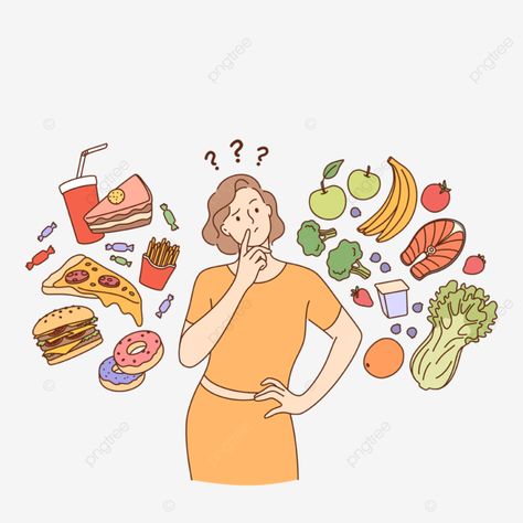 dieting healthy lifestyle weight loss concept Food Png, Girl Thinking, Unhealthy Food, Png Transparent Background, Balanced Diet, Girl Drawing, Free Png, Card Templates, Creative Business