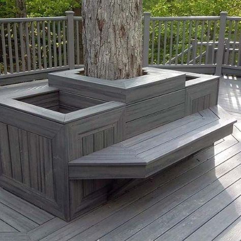 Top 60 Best Deck Bench Ideas - Built-In Outdoor Seating Designs Deck Bench Ideas, Deck Around Tree, Cozy Pool, Deck Around Trees, Bench Around Trees, Outdoor Furniture Ideas Backyards, Pool Seating, How To Landscape, Deck Diy