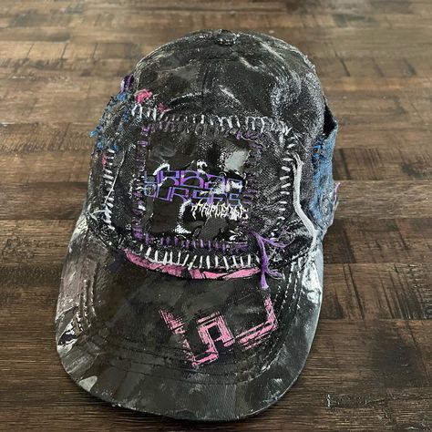 🌐TRIPLE3RD🌐 •+Engineering01+• $63 Custom Upcycled 1/1 Hat Adjustable Hand sewn urban curses / triple3rd patch. Scrap patchwork. Pink smudges are fragments of our new large urban curses print. Black paint over. Rubber pour over entire piece. “Lighter” pocket sewn to left. Three gunmetal studs fixed at back. “A students dream” patch sewn adjacent. Handmade tag as always🏷️ All orders come with stickers and care instructions! Tag me if you take any pics❤️‍🔥 Dm to tap into custom work🫡 _________... Scrap Patchwork, Punk Patches, Hat Ideas, Handmade Tags, Diy Accessories, Diy Inspiration, Black Paint, Hand Sewn, Hand Sewing