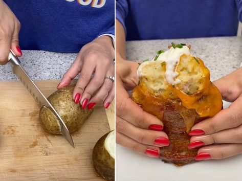 Potato Volcano Recipe, Volcano Potatoes Recipe, Potato Volcano, Volcano Recipe, Volcano Potatoes, Potatoes Air Fryer, The Shaba Kitchen, Bacon Wrapped Potatoes, Baked Potato Toppings