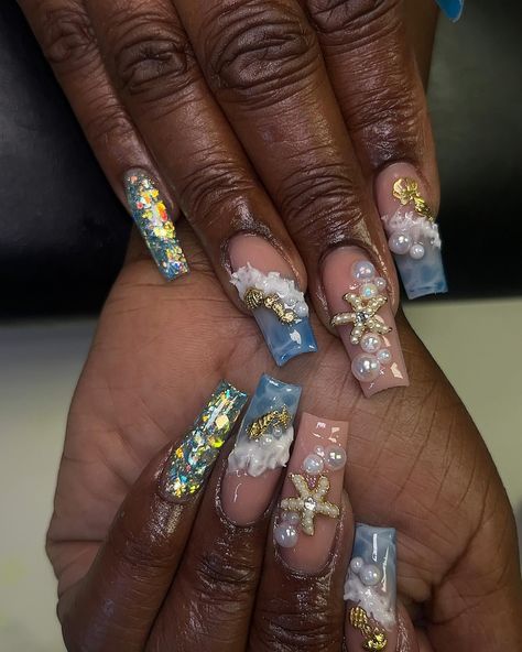 Under the Sea 🌊🐚🩵 #nails #nailsofinstagram #nailart #acrylicnails #pinknails #whitenails #gelnails #naildesigns #jacksonmsnailtech #freestylenails #longnails #gelpolish #pastelnails #glitternails #rainbownails #longnails #squarenails #coffinnails #manicure #atlantanailtech #instanails #ombrenails #beachnails #atlnailtech #explorepage Mermaid Nails Square, Under The Sea Nails, Mermaid Nail, Sea Nails, Mermaid Nails, Nails Square, Rainbow Nails, Pastel Nails, Beach Nails