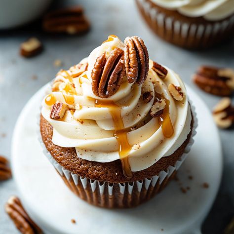 Butter Pecan Cupcakes With Caramel, Melted Caramel Sauce, Butter Pecan Cupcakes, Pecan Pie Cupcakes, Pecan Cupcakes, Cupcakes With Caramel, Melted Caramel, Pecan Muffins, Moist Cupcakes