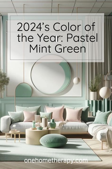 Brighten up your living space with the vibrant pastel mint green of 2024's Color of the Year! ✨ Transform your home with this soothing, calming shade and see how it can create a serene environment for everyone. 😍 Click to Learn More! Cream And Mint Green Bedroom, Blush And Mint Bedroom, Mint Green And Gray Living Room, Home Pastel Color, Colours That Go With Mint Green, Mint Green Office Ideas, Mint Green Living Room Decor, Colors That Go With Mint Green, Mint Bedroom Ideas