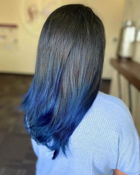 Blue Ends Hair Brown, Coloured Tips Hair, Black To Blue Ombre Hair, Hair Ends Dyed, Ends Of Hair Dyed, Blue Ends Hair, Tips Of Hair Dyed, Dark Blue Ombre Hair, Black Hair Blue Tips