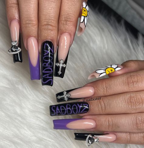 junior h nails 🌼 @dynamicnailsupply vintage nude acrylic powder @beetlesgelpolish purple and black @kupainc top coat September Deal ending soon ! $65 any set any length ! #nailtech #nail #nailsnailsnails #nailxster #junior #juniorh #concert #sadboys #forlife #explore #explorepage #exploremore #gwinnett #gwinnettnails #extendo #french #frenchies #charms #planet #cross #daisy #handdrawn #handart #handpainted Junior H, Acrylic Powder, Hand Art, Nail Tech, Top Coat, Purple And Black, Nail Inspo, Daisy, How To Draw Hands