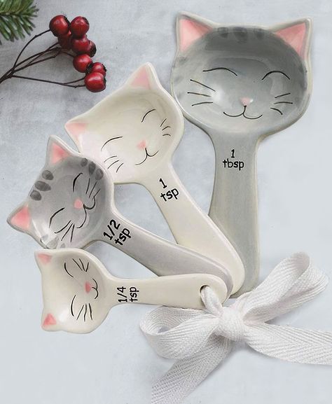 Shaped Ceramic Measuring Spoons Ribbon Farmhouse Kitchen Utensils, Kitchen Utensil Decor, Spoon Craft, Cat Spoon, Spoon Gifts, Cat Ceramic, Measuring Cups & Spoons, Kitchen Gadgets Unique, Cat Mom Gifts