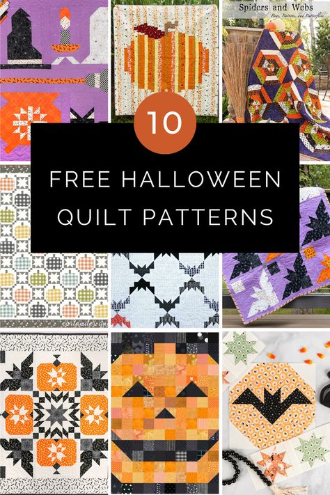 Get inspired to make a spooky or sweet Halloween quilt pattern with this list of 10 free Halloween quilt patterns. Whether you want it to scream Halloween or be a bit more subtle, you'll find a quilt pattern you'll love in this list! Halloween Quilt Patterns, Charm Pack Quilt Patterns, Layer Cake Quilt Patterns, Fall Quilt Patterns, Quilting Math, Halloween Quilt, Halloween Sewing, Christmas Quilt Patterns, Quilt Sewing Patterns