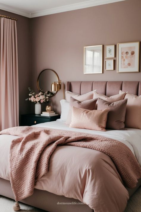 Adding color to your bedroom can completely change the vibe of the space. Pink is a warm and inviting color that can create a cozy and stylish atmosphere. You can incorporate pink in different ways, and we’ll explore five color palettes that work well with pink to help you design your dream bedroom. Mocha And Pink Bedroom Color Schemes, Pink Bed In Bedroom, Attic Bedroom Ideas Pink, Bedroom Inspirations Dusty Pink, Pink Bedding Boho, Comfy Bedroom Ideas For Women, Interior Design Pink Bedroom, Pink Bedroom Palette, Womens Pink Bedroom Ideas