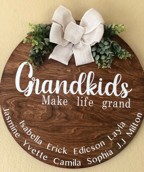 Excited to share this item from my #etsy shop: Grandkids Sign | Grandparents gift | Grandkids round sign | Grandkids wreath |family wooden door hanger | wood sign for home decor #grandkids #grandparents Grandkids Sign, Wooden Door Hanger, Family Wood Signs, Wooden Signs Diy, Door Signs Diy, Personalized Wood Signs, Wood Signs For Home, Wooden Door Signs, Round Wood Sign