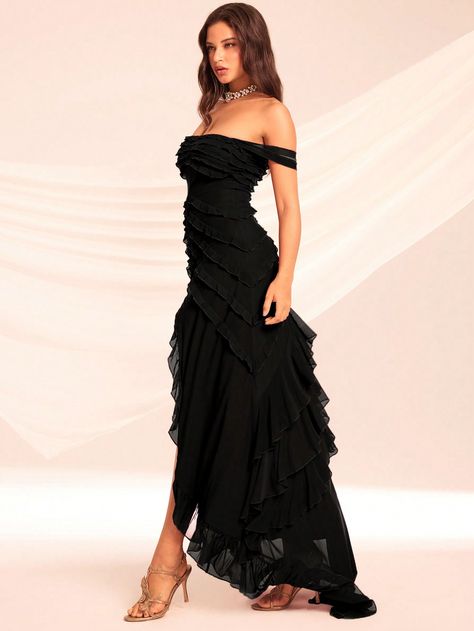 Mesh Ruffle Trim Off Shoulder Ruched Split Thigh Sheer Formal DressI discovered amazing products on SHEIN.com, come check them out! Sheer Formal Dress, Backless Mermaid Dress, Mesh Bridesmaids Dress, Formal Ball Gown, Colorful Dresses Formal, Womens Prom Dresses, Gothic Clothes, Women Formals, Elegant Dresses Long