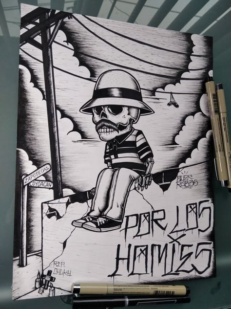 Artwork illustration Ride Drawing, Easy Graffiti Drawings, Chicano Lettering, Latino Art, Prison Art, Cholo Art, Mexican Culture Art, Lowrider Art, Chicano Art Tattoos