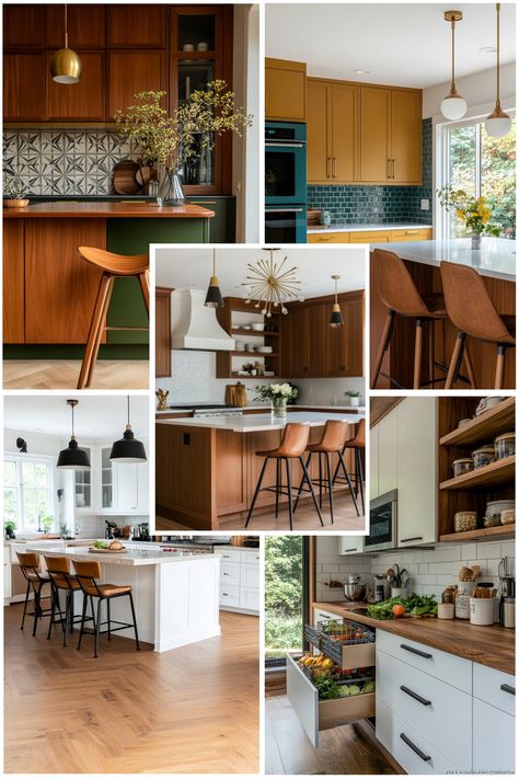 Collage of modern kitchens featuring wooden cabinets, island countertops, and stylish lighting. Mid Mod Kitchen Cabinets, Mcm Design Interiors, Midcentury Kitchen Remodel, Mid Century Modern Kitchen Island, Modern Kitchen Remodel Ideas, Warm Modern Kitchen, Midcentury Modern Kitchen, Mid Mod Kitchen, Mid Century Modern Kitchen Remodel