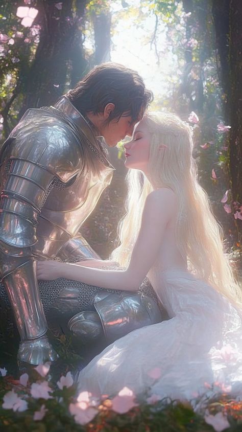 This delightful painting showcases a romantic scene from a fairy tale. A knight and a bride share a tender moment, their eyes locked in a gaze of pure love and admiration, forming an unbreakable bond of Twin Flame love. Their divine strength radiates from the canvas, inspiring viewers to believe in love's power. The scene truly feels like an ethereal scenario, surrendering itself to the magical realm of fairy-tales. Knight Painting, Dark Fantasy Artwork, Romantic Paintings, Twin Flame Love, Mystical Forest, Romance Art, Love Romantic, Romantic Scenes, Pure Love