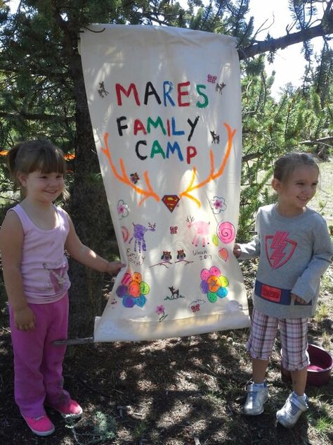 Camping flag painted by the kids as their camping craft and to hang at our camp site. They did such a great job and it was so much fun to make! Camping Flag, Camping Craft, Cousin Camp, Diy Flag, Mythical Beasts, Camp Site, Summer Preschool, Flag Painting, Summer Camps For Kids